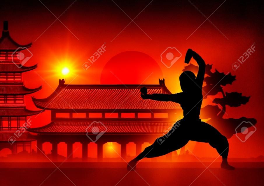 Chinese Boxing Kung Fu arte marcial famoso esporte, monge Trem para lutar, em torno de com templo chinês, design de silhueta de pôr do sol
