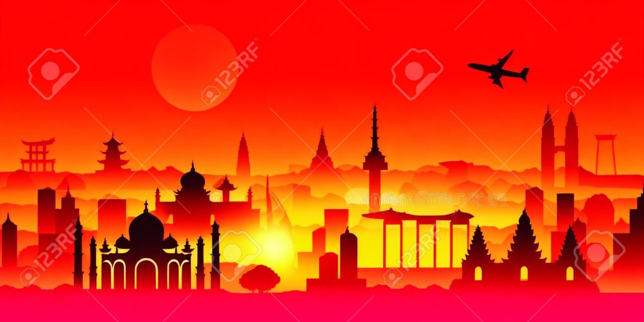 Stile famoso della siluetta del punto di riferimento dell'Asia con il disegno della riga sull'ora del tramonto, illustrazione di vettore