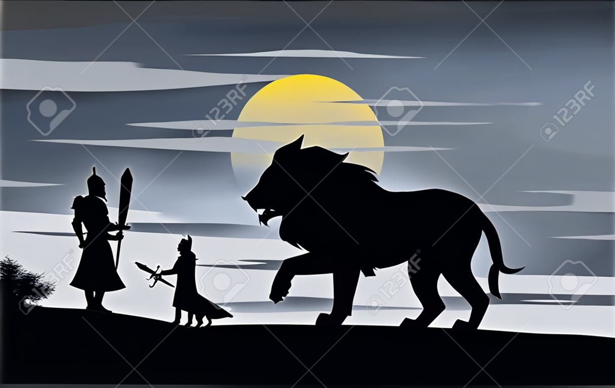 Silhouette di narrativa con cavaliere e leone, illustrazione vettoriale