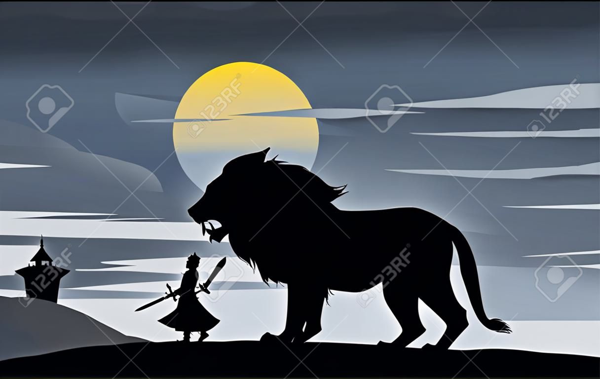 Silueta de ficción con caballero y león, ilustración vectorial