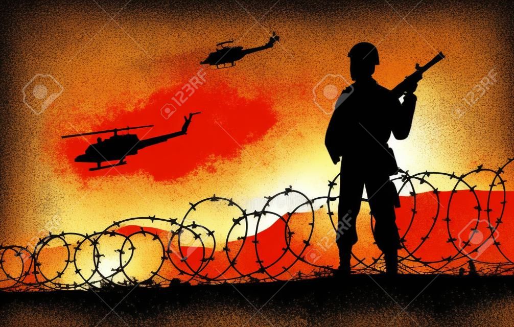 Disegno della siluetta del soldato di guardia in piedi e tenere la pistola al confine, illustrazione vettoriale