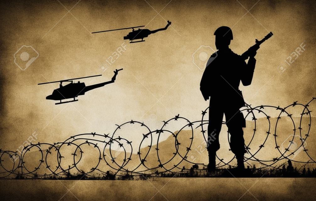 Disegno della siluetta del soldato di guardia in piedi e tenere la pistola al confine, illustrazione vettoriale