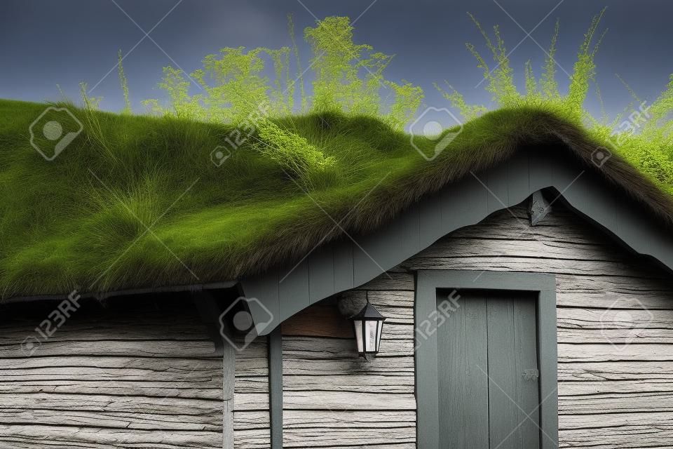 traditionelle norwegische Häuser mit einem Rasendach.
