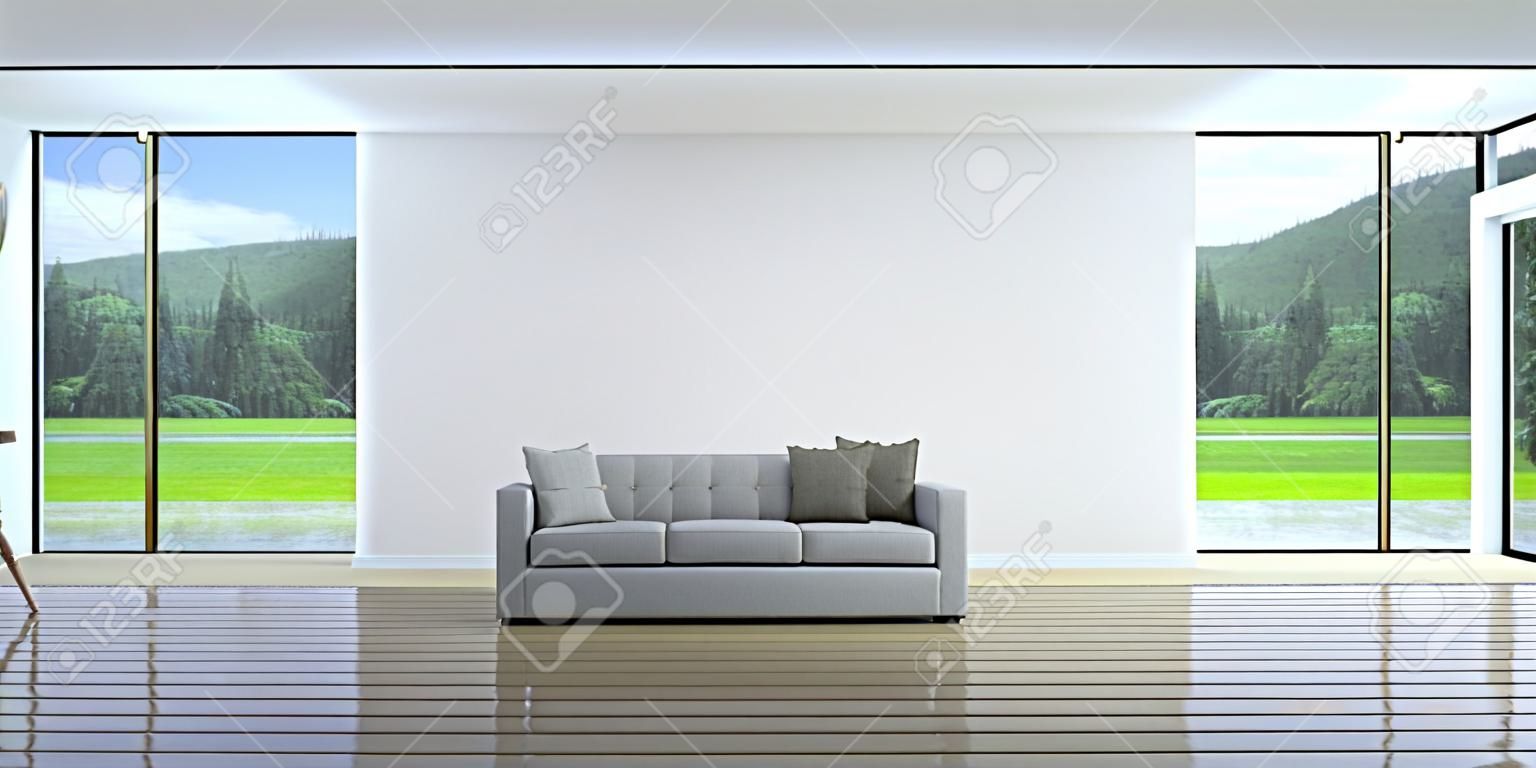 green garden view living room interior in modern house - 3D rendering