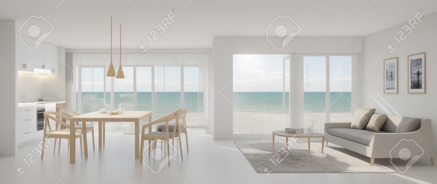 Vista al mar sala de estar, comedor y cocina, casa de playa - representación 3D