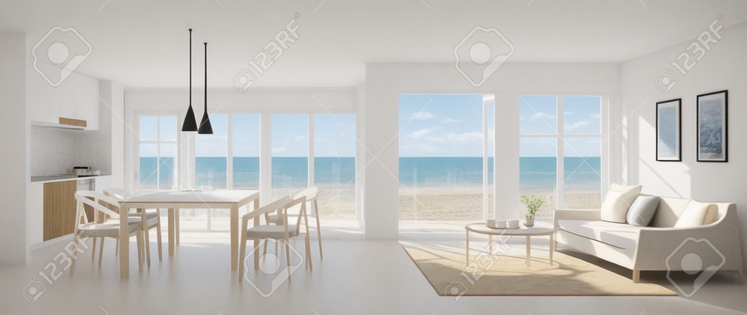 Deniz manzaralı oturma odası, yemek odası ve mutfak, Plaj - 3D rendering