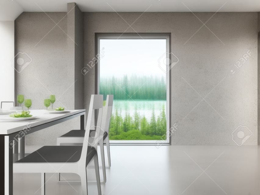 Glass window near wooden table and chairs of modern lake view house. Gray concrete floor dining room 3d rendering with empty white wall background.