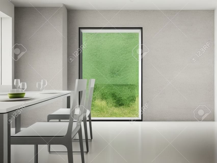 Glass window near wooden table and chairs of modern lake view house. Gray concrete floor dining room 3d rendering with empty white wall background.