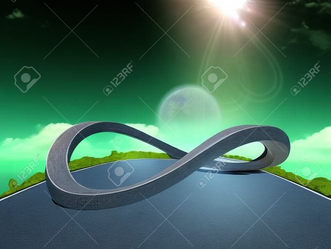 3D rendering of infinity symbol road in adventure route concept. Earth land with asphalt driveway on small green planet and blue sky background.