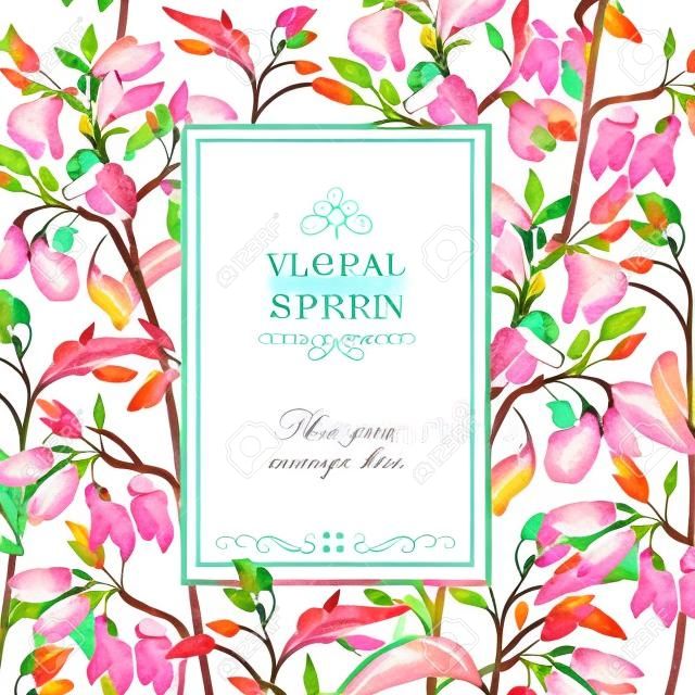 Gentle spring watercolor greeting card with Blooming flowers. Floral background with place for text.  Vector Illustration
