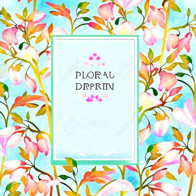 Gentle spring watercolor greeting card with Blooming flowers. Floral background with place for text.  Vector Illustration