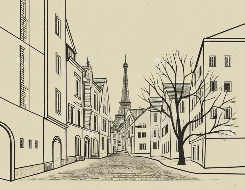 巴黎街景-房屋建筑物和树在老城区观背景中世纪欧洲城市景观的铅笔画矢量图eiffil塔的小巷
