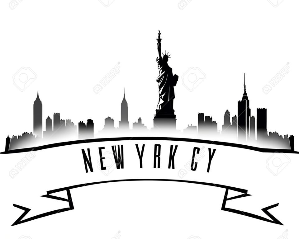 New York, USA skyline sketch. NYC city silhouette with Liberty monument. City silhouette Skyline. Panorama city emblem. Skyline urban label