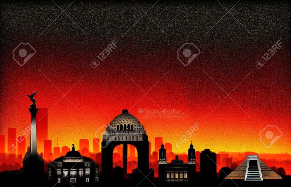Mexico city skyline. Cityscape silhouette with landmarks. Travel Mexico background