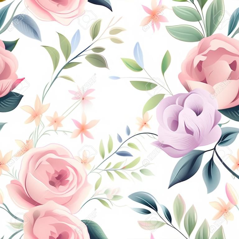Floral seamless pattern. Flower rose and leaves on white background. Garden flourish wallpaper.