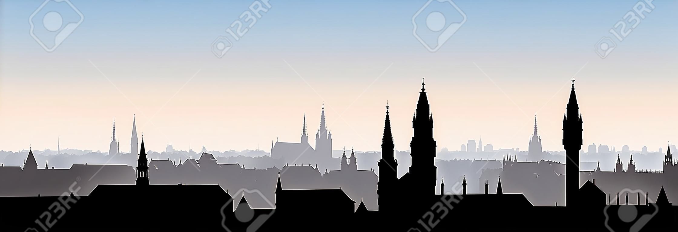 Munich city, Germany. Urban panoramic cityscape. Landmark buildings silhouette skyline. Travel Bavaria background