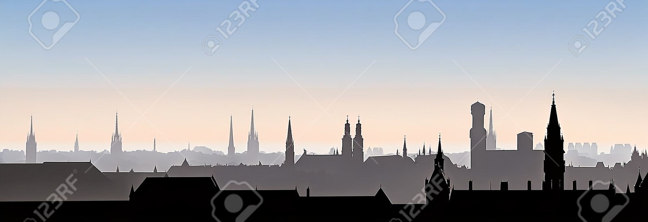 Munich city, Germany. Urban panoramic cityscape. Landmark buildings silhouette skyline. Travel Bavaria background