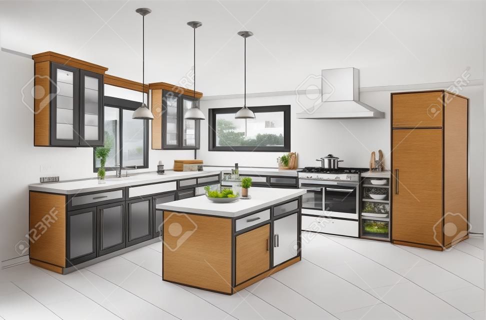 Entwurfsentwurfsentwurf der Küche mit modernen Möbeln und Insel