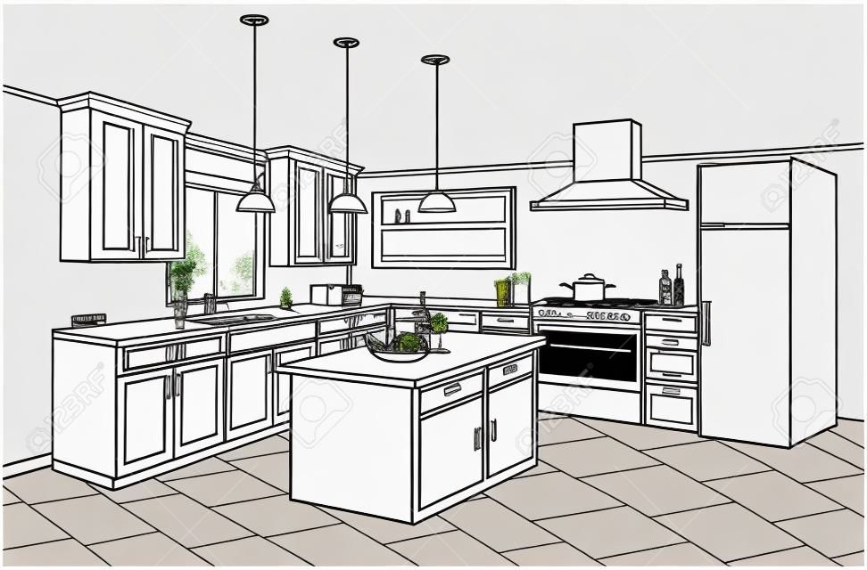 Projeto do projeto do esboço da cozinha com mobília moderna e ilha