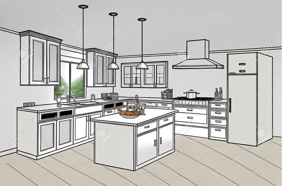 Entwurfsentwurfsentwurf der Küche mit modernen Möbeln und Insel