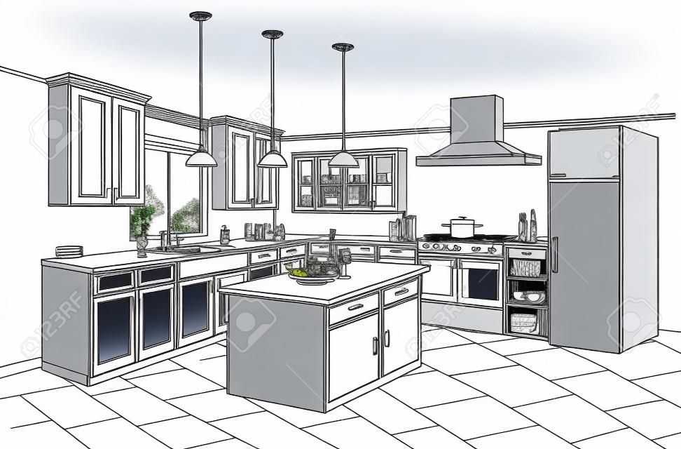 Omtrek blauwdruk ontwerp van keuken met moderne meubels en eiland