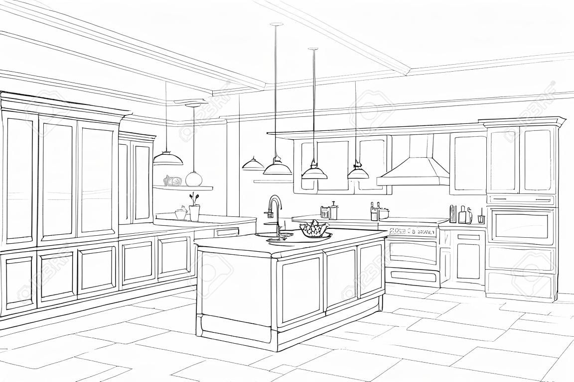 Outline blueprint design of kitchen with modern furniture and island