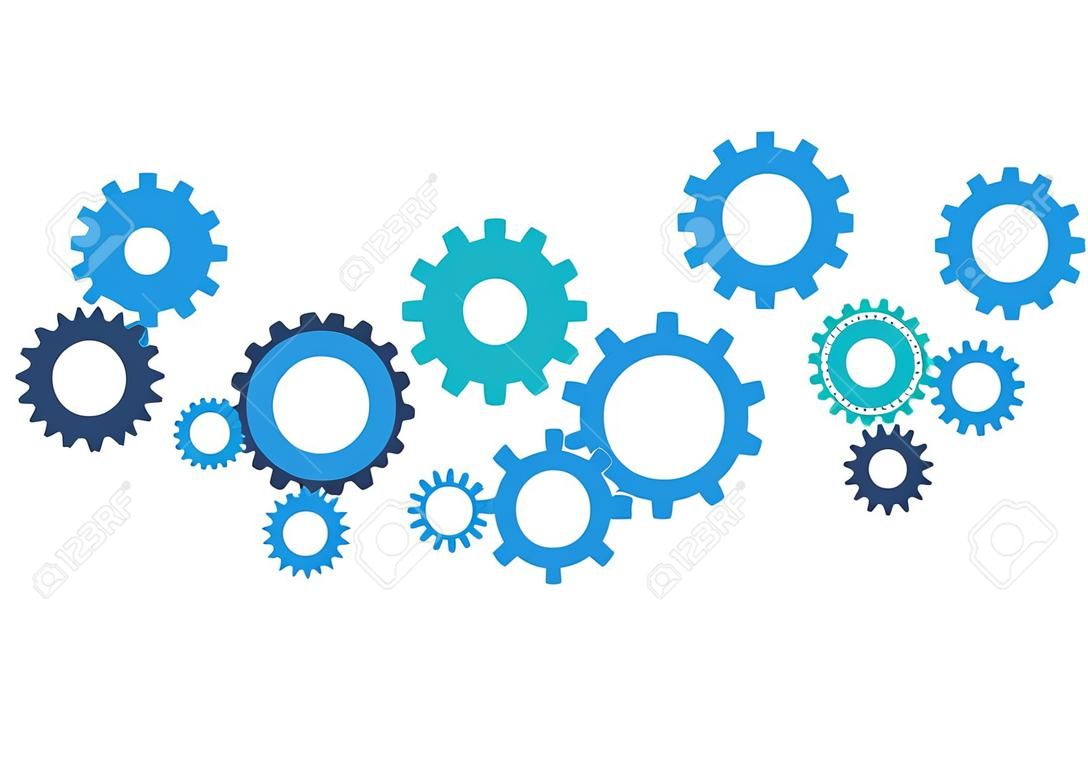Business mechanism concept. Abstract background with connected gears and icons for strategy, service, analytics, research, seo, digital marketing, communicate concepts. Vector infographic