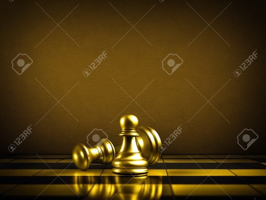 A little silver pawn chess piece standing with the win near a fallen golden queen chess piece on a chessboard on dark background. Leadership, winner, brave, competition, and business strategy concept.