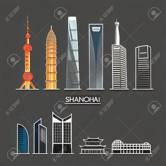 Shanghai detailed monuments silhouette. Vector illustration