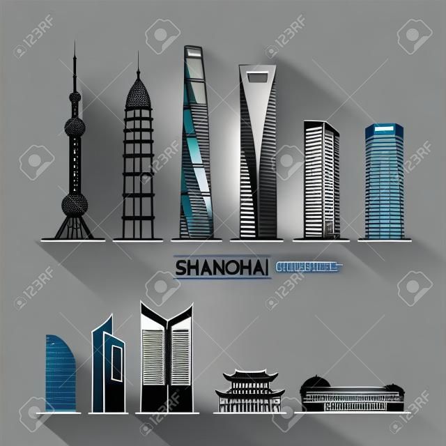 Shanghai detailed monuments silhouette. Vector illustration
