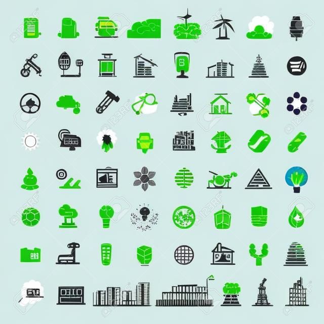 Conjunto de iconos de línea delgada de energía limpia y energía verde