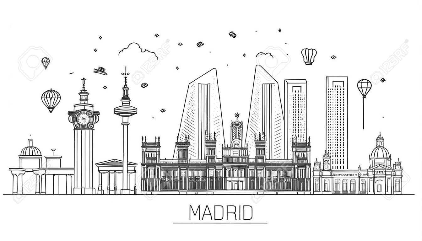 Banner of Madrid city skyline in flat line trendy style. Madrid city line art