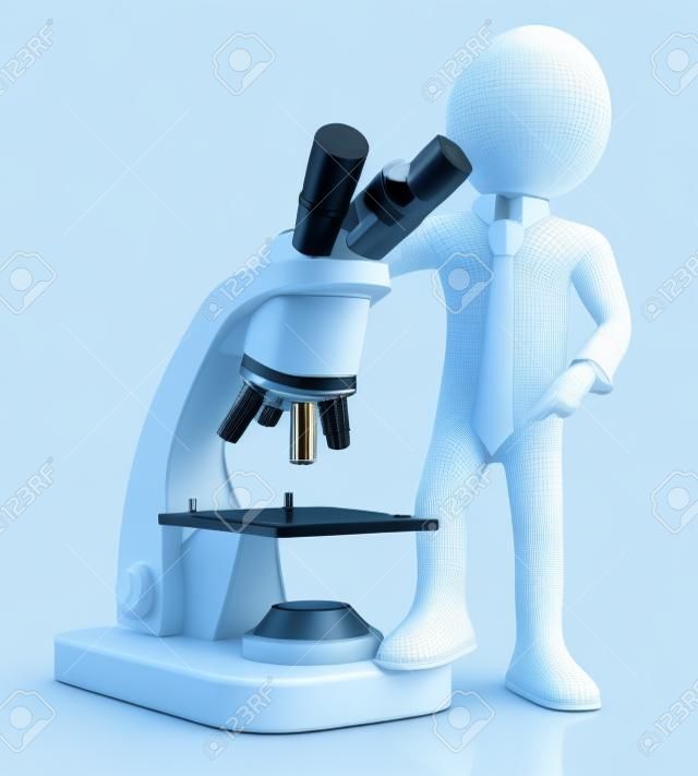 三維白色的人一個巨大的顯微鏡。三維圖像。孤立的白色背景。