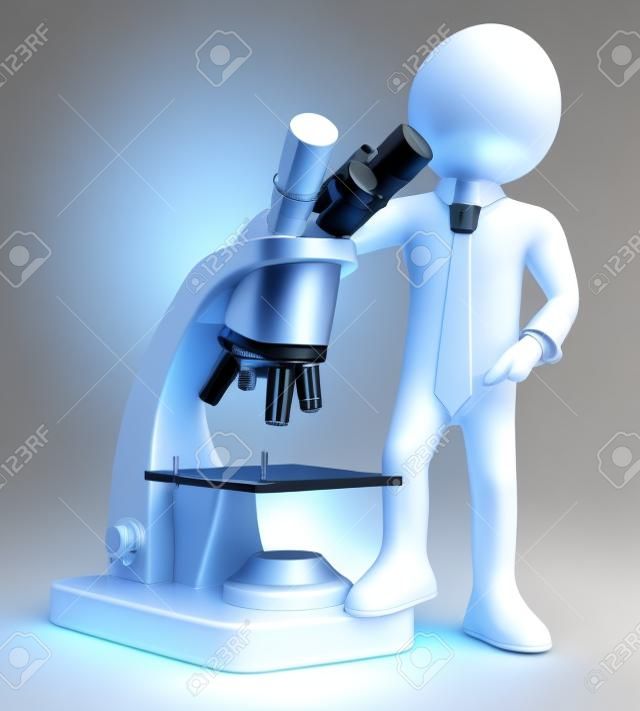 3D-weiße Person mit einem riesigen Mikroskop. 3D-Bild. Isoliert weißen Hintergrund.