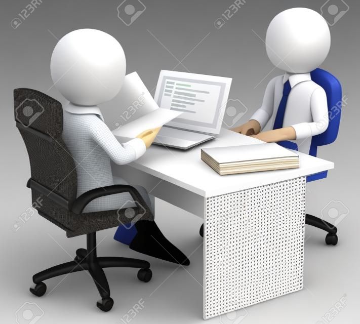 3d white Geschäft Person in einem Vorstellungsgespräch mit dem Lebenslauf und soziale Netzwerke Profil 3D-Bild isoliert auf weißem Hintergrund