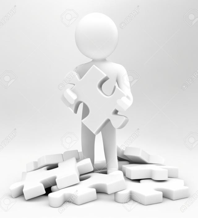 3d white people. Finding red puzzle piece between the white pieces. Isolated white background. 