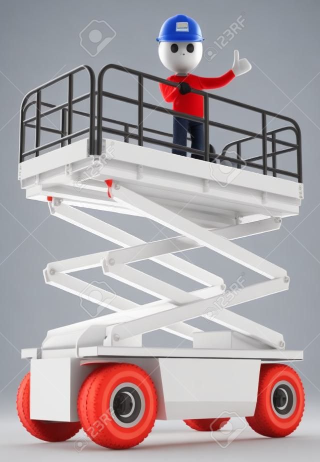 3d gente blanca. El ingeniero en una plataforma de elevación con un pulgar hacia arriba. Fondo blanco aislado.