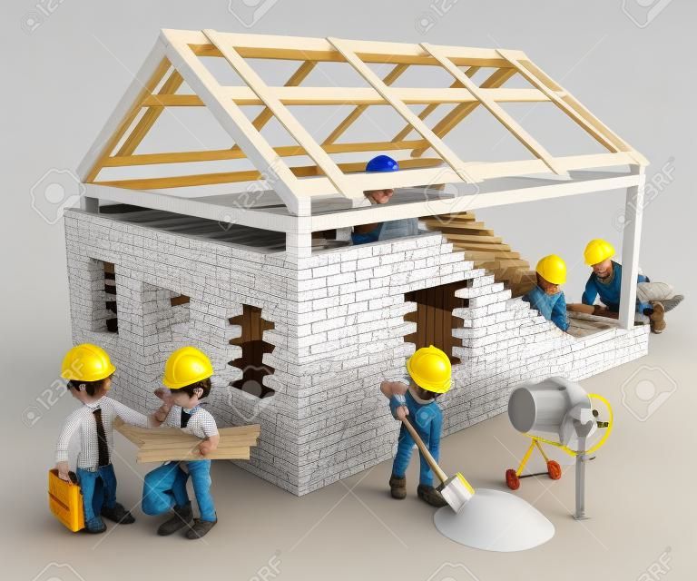 3d white people.  Construction workers building a house. Architects. Isolated white background.