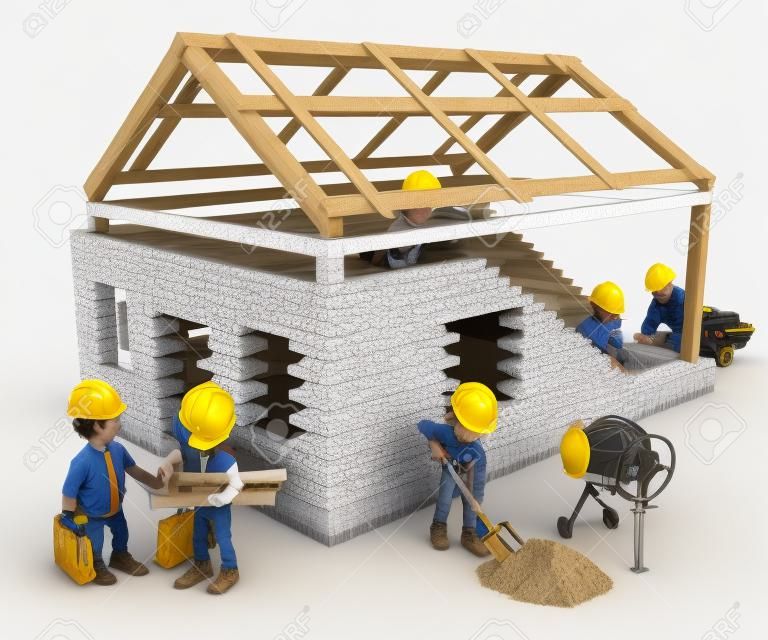 3d white people.  Construction workers building a house. Architects. Isolated white background.