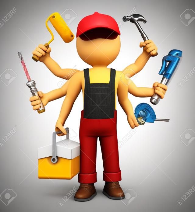 3d white people. Multitasking handyman with screwdriver tool box tape measure hammer wrench pipes paint roller. Isolated white background.