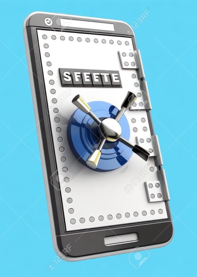 3d mobile with safe door and access password. Security concept. Isolated white background.