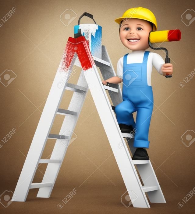 3d witte mensen. Schilder op een ladder schilderij met een roller borstel. Geïsoleerde witte achtergrond.