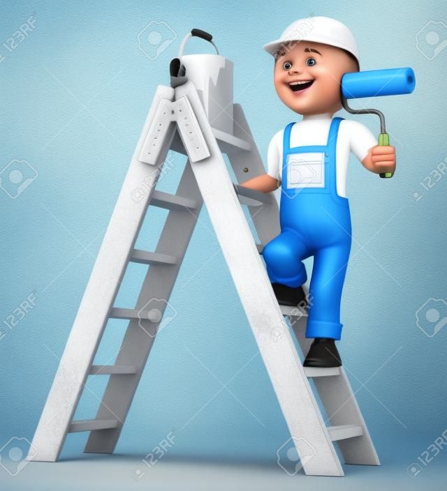 3D白人。畫家在梯子上畫一個滾筒刷。孤立的白色背景。