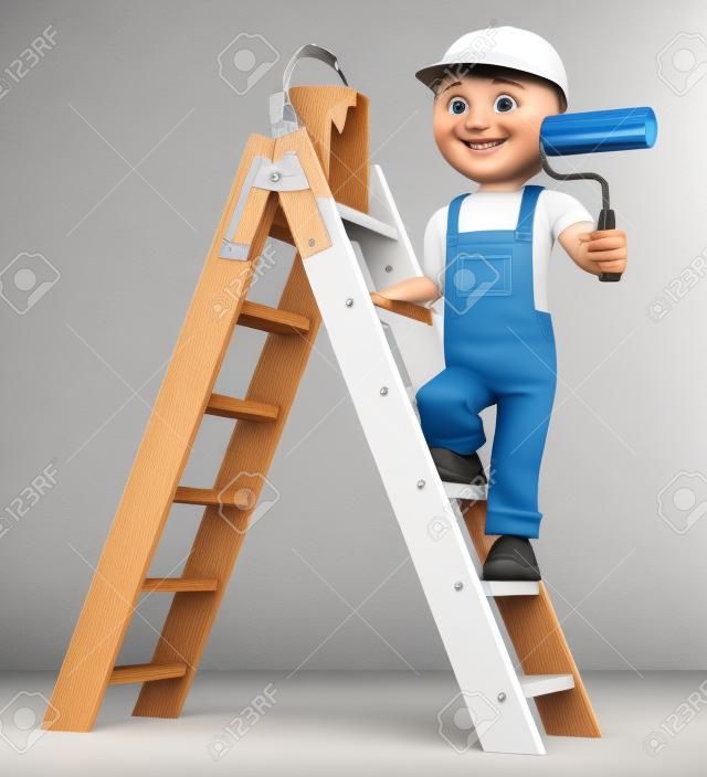 3d witte mensen. Schilder op een ladder schilderij met een roller borstel. Geïsoleerde witte achtergrond.