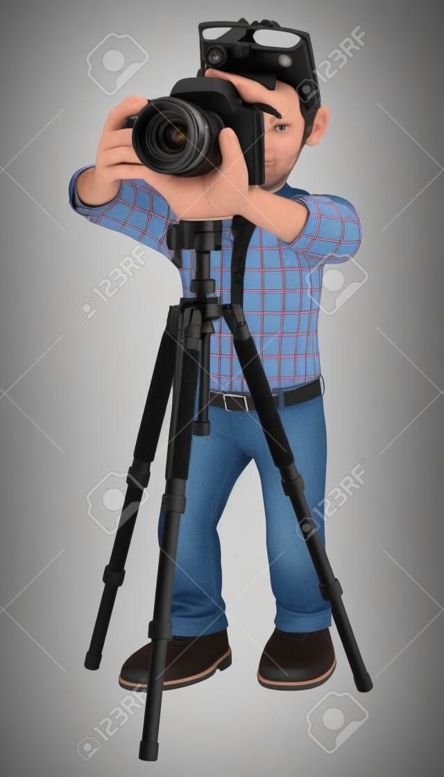 3d working people. Photographer with camera and tripod taking a picture. Isolated white background.