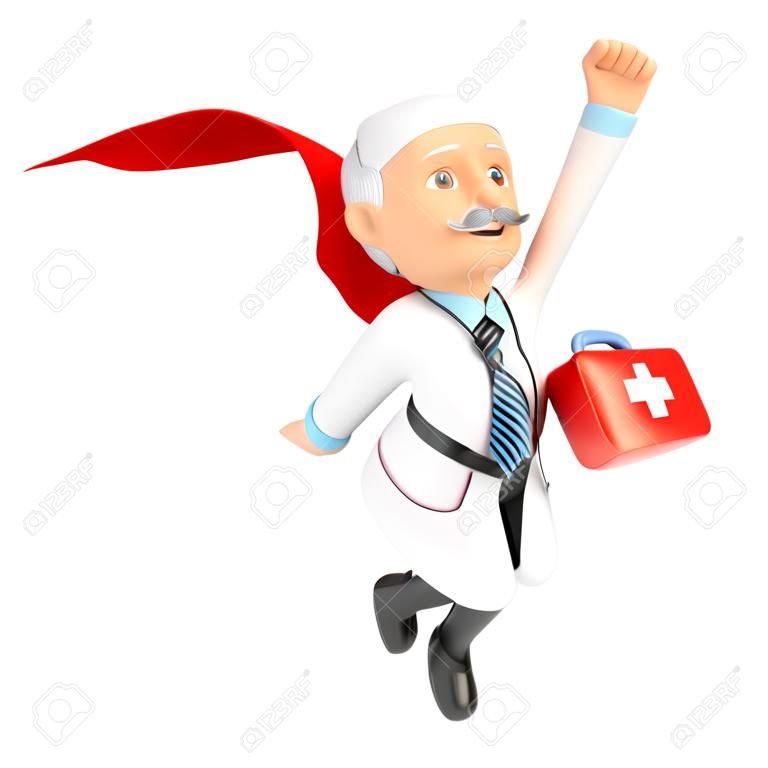 3d medical people. Super doctor flying with first aid kit. Isolated white background.