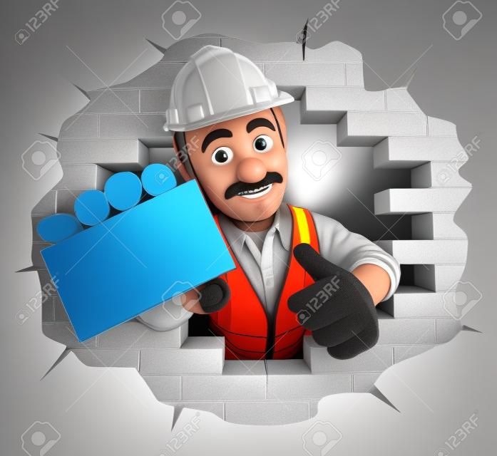 3d working people. Worker coming out a wall hole with a blank card. Isolated white background.