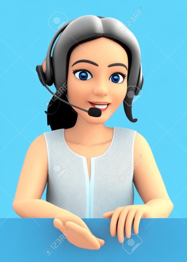 3d working people illustration. Call center operator with headphones pointing down. Isolated white background.