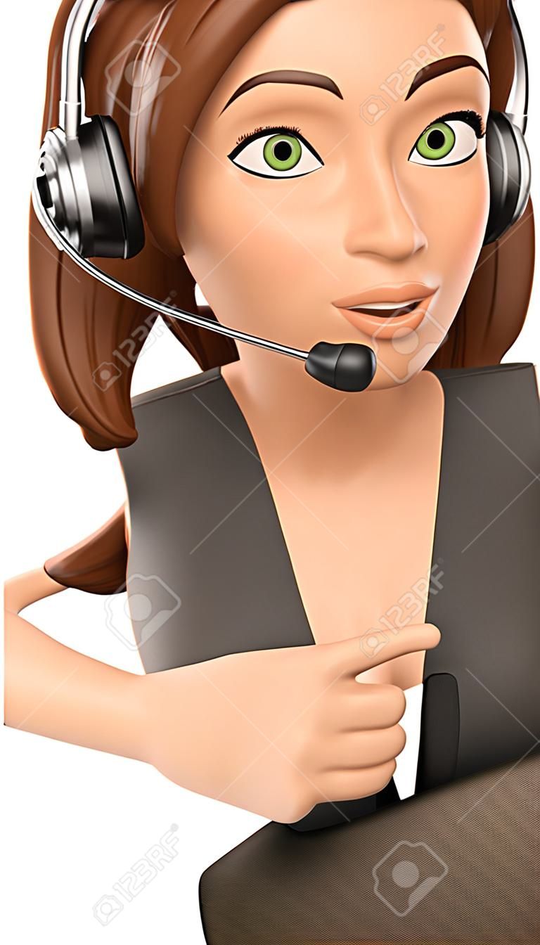 Lavoratori 3d illustrazione. Operatore di call center con le cuffie che puntano da parte. Sfondo bianco isolato