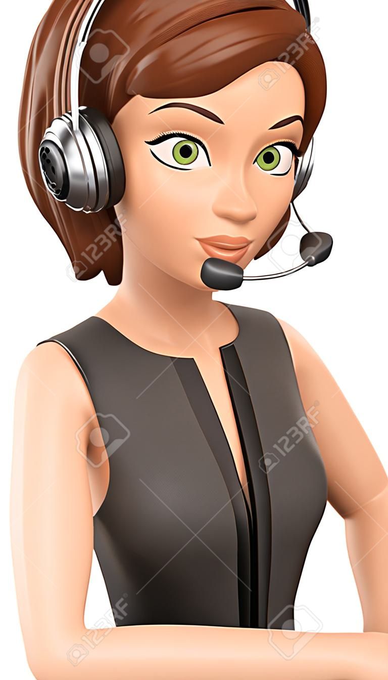 3d working people illustration. Call center operator with headphones pointing aside. Isolated white background.